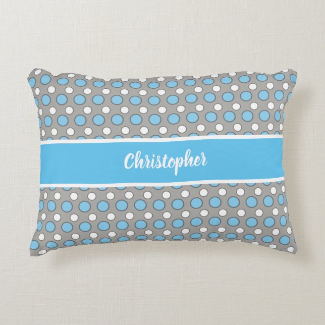 Blue and grey with polka dots and name accent pillow (Front)