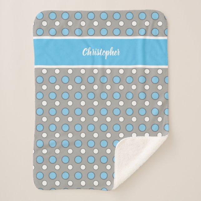 Blue and grey with polka dots and name sherpa blanket (Front)