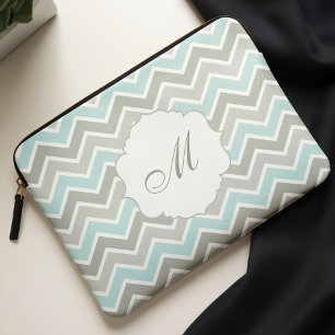 Blue and Grey Zigzag Chevron Monogram Laptop Sleeve