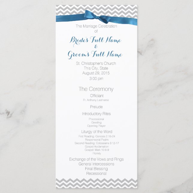Blue and Grey Zigzag Pattern Wedding Program (Front)