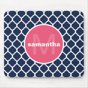 Blue and Hot Pink Quatrefoil Monogram Mouse Pad