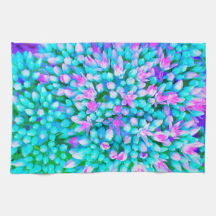 Blue and Hot Pink Succulent Sedum Flowers Detail Kitchen Towel