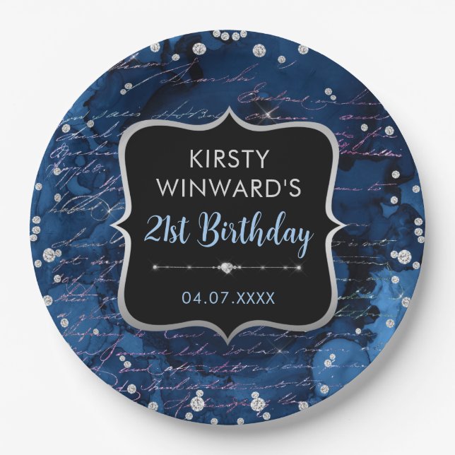Blue and Iridescent Glitter Letters Birthday Paper Plate (Front)
