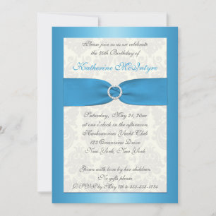 Blue and Ivory Damask 50th Birthday Invite