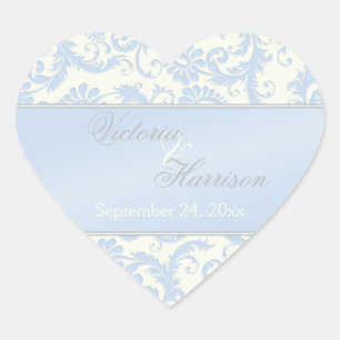 Blue and Ivory Damask Heart Shaped Wedding Sticker