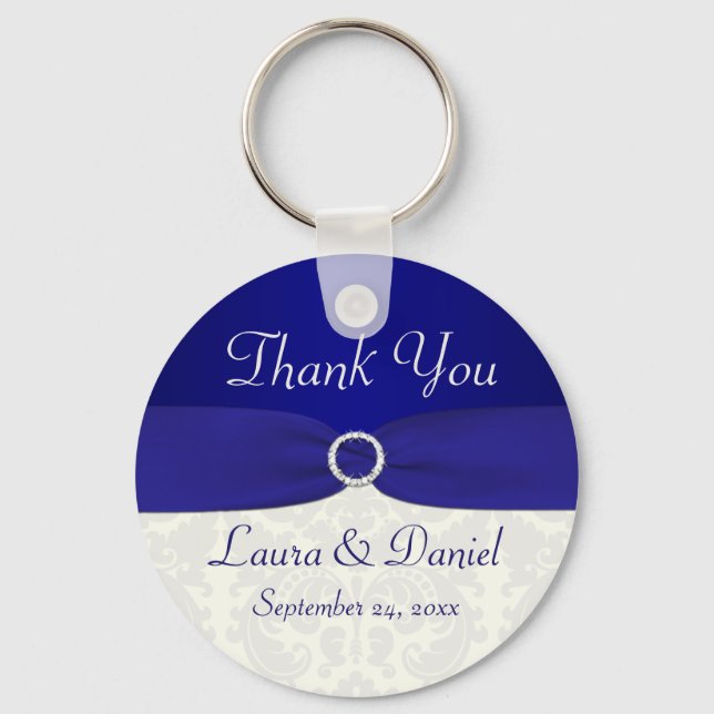 Blue and Ivory Damask Wedding Favor Key Chain (Front)