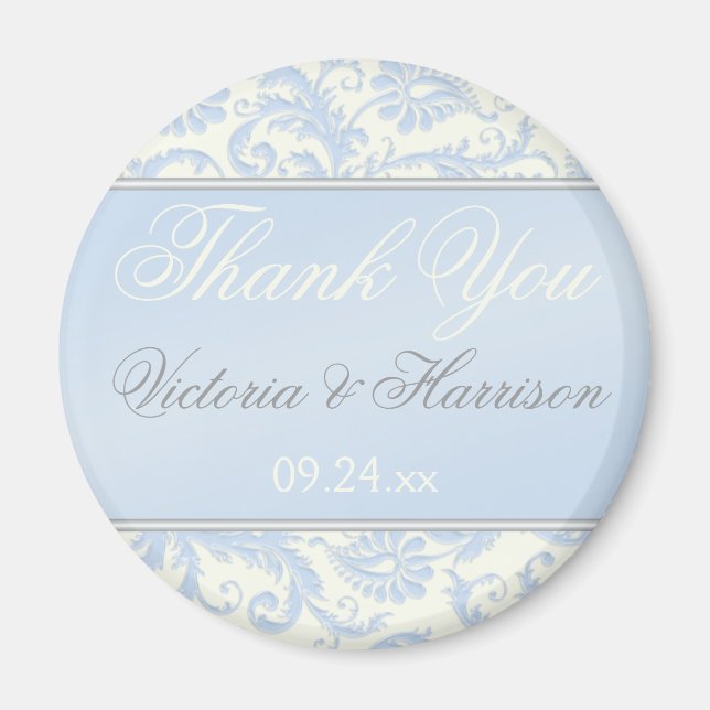 Blue and Ivory Damask Wedding Favour Magnet (Front)