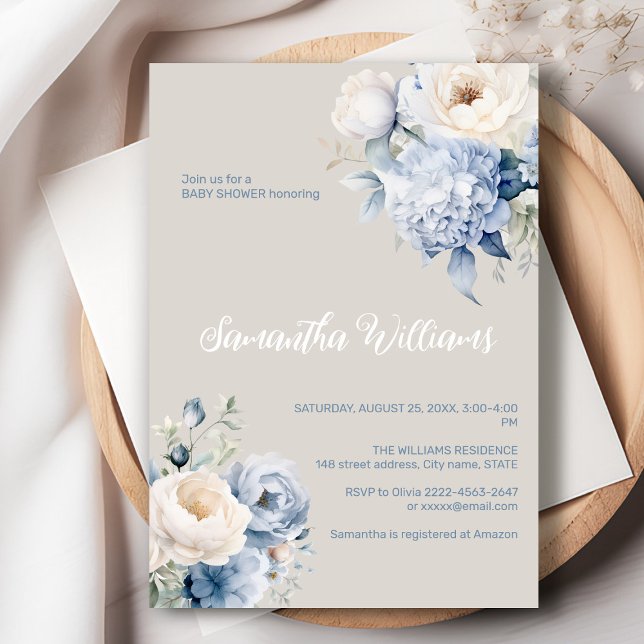 Blue and ivory floral girl baby shower invitation  (Dusty blue watercolor flowers peonies rustic gender neutral baby shower invitation )