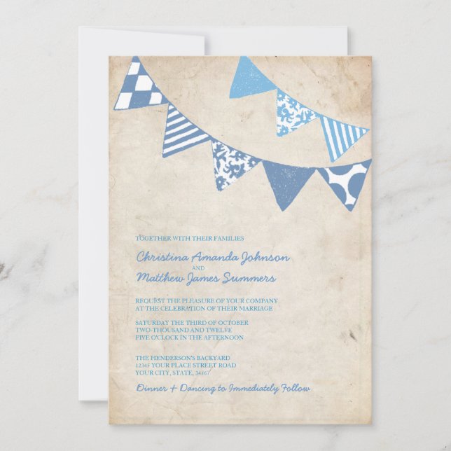 Blue and Ivory Fun Flags Wedding Invitations (Front)