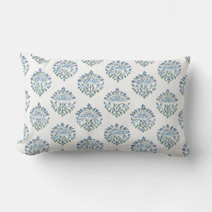 Blue and Ivory Handblock Medallion Print Lumbar Pillow