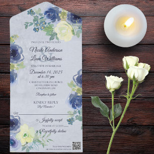 Blue and Ivory Roses on Pale Blue with QR Code All In One Invitation
