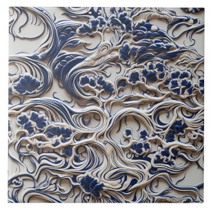 Blue and Ivory Sculptural Floral Scroll Tile