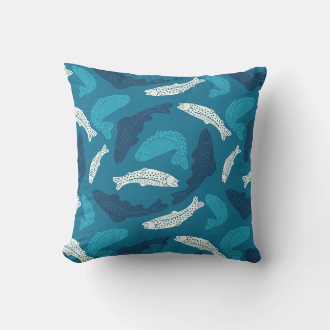 Blue and Ivory Trout, Fish Patterned Throw Pillow (Front)
