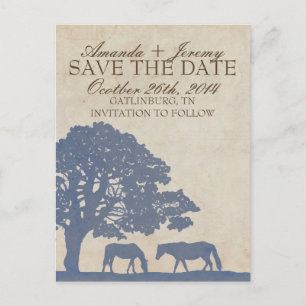 Blue and Ivory Vintage Horse Farm Save The Date Announcement Postcard