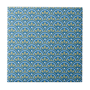 Blue And Khaki Floral Art Deco Pattern Tile