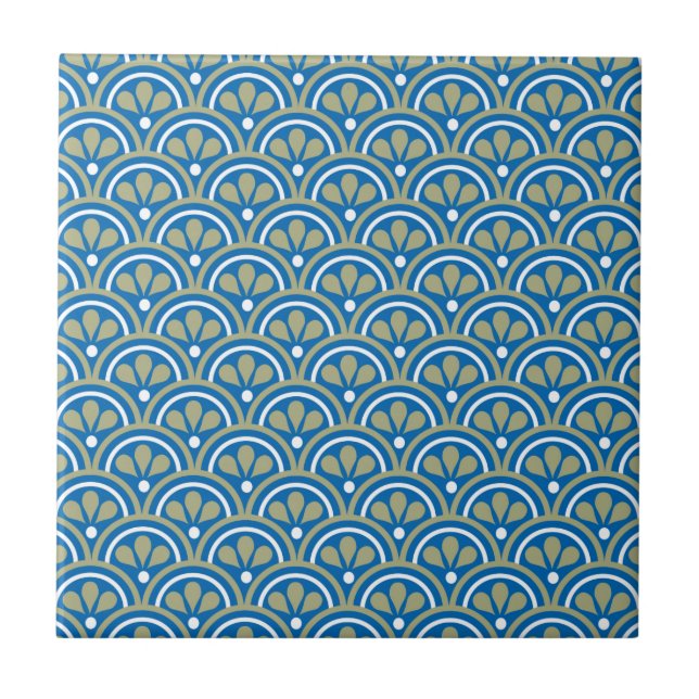 Blue And Khaki Floral Art Deco Pattern Tile (Front)