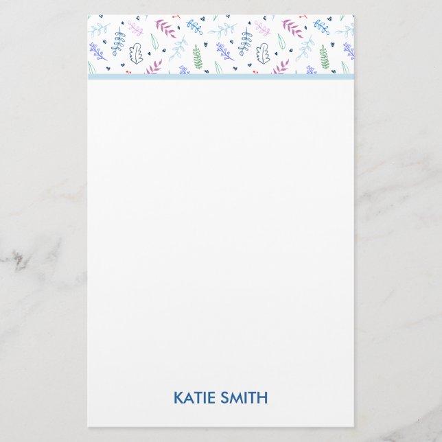 Blue and Lavender Leaves with Hearts Pattern Stationery (Front)