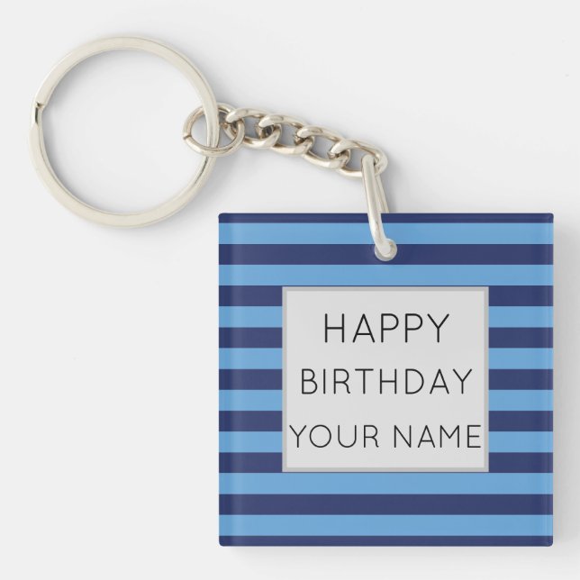 Blue And Light Blue Striped Happy Birthday Keychain (Front)