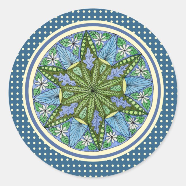 Blue and Light Green Medallion Classic Round Sticker (Front)