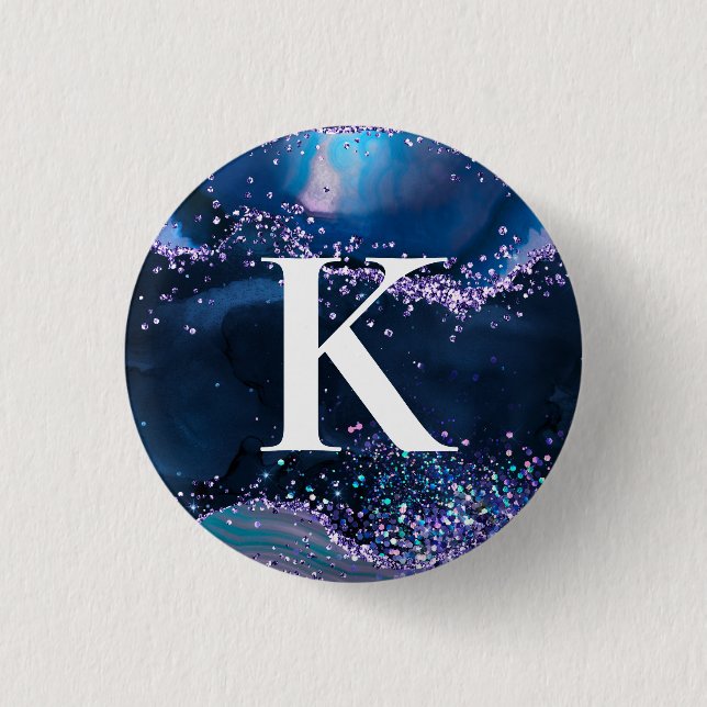 Blue and Lilac Glitter Agate Pattern Initial 1 Inch Round Button (Front)