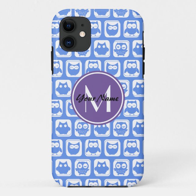 Blue and Lilac Owl Custom Monogram Personalized Case-Mate iPhone Case (Back)