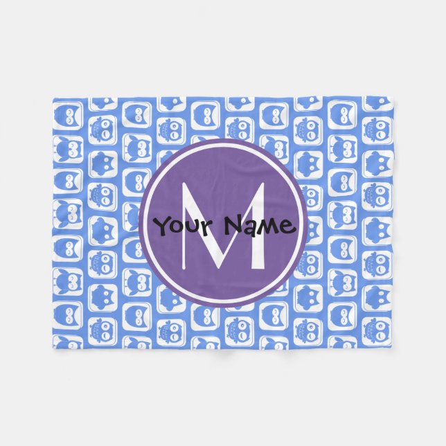 Blue and Lilac Owl Custom Monogram Personalized N1 Fleece Blanket (Front (Horizontal))