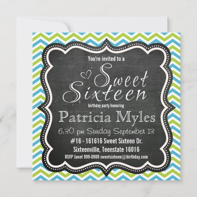 Blue and Lime Chevron Chalkboard Sweet 16 Party Invitation (Front)