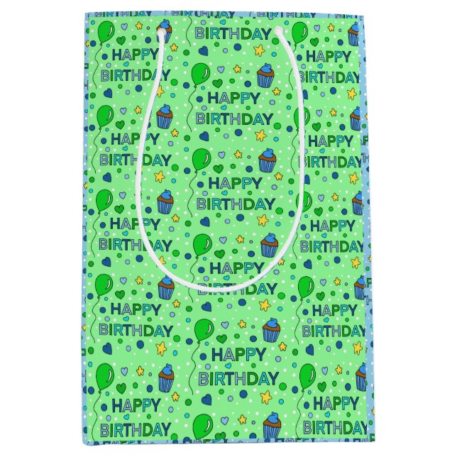Blue and Lime Green Boy's Happy Birthday Medium Gift Bag (Front)