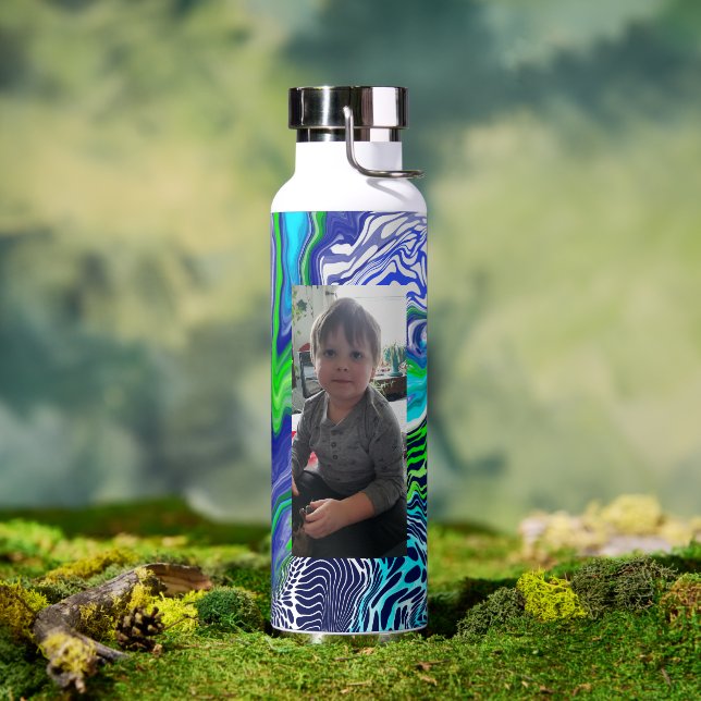 Blue and Lime Green Digital Pour Paint Personalize Water Bottle (Outdoor)