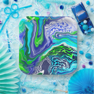 Blue and Lime Green Marble Swirls Birthday Paper P Paper Plate