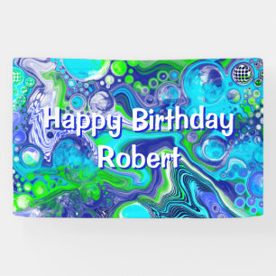 Blue and Lime Green Marble Swirls Birthday Party  Banner