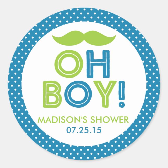 Blue and Lime Green Polka Dot Oh Boy Baby Shower Classic Round Sticker (Front)