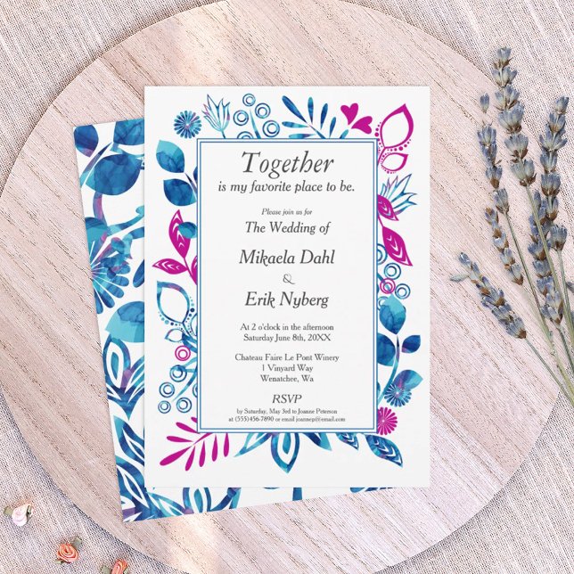 Blue and Magenta Pink Wedding Invitation (blue and pink, royal blue and magenta floral wedding invitations, floral frame border)