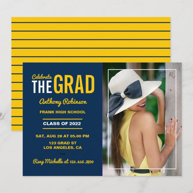 Blue and Maize Graduation Party Photo Invitation (Front/Back)