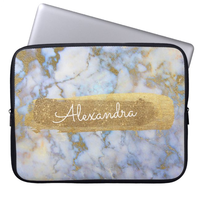 Blue and Marble with Gold Foil and Glitter Laptop Sleeve (Front)
