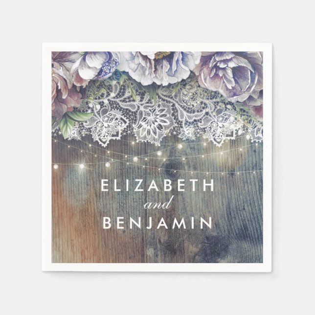 Blue and Maroon Flowers Rustic Lace Wedding Napkin (Front)