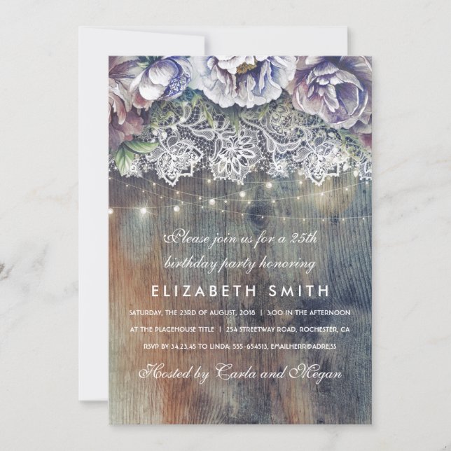 Blue and Maroon Rustic Floral Birthday Party Invitation (Front)