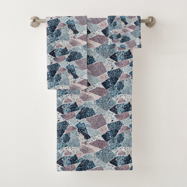 Blue and Mauve Abstract Terrazzo Design Bath Towel Set (Insitu)