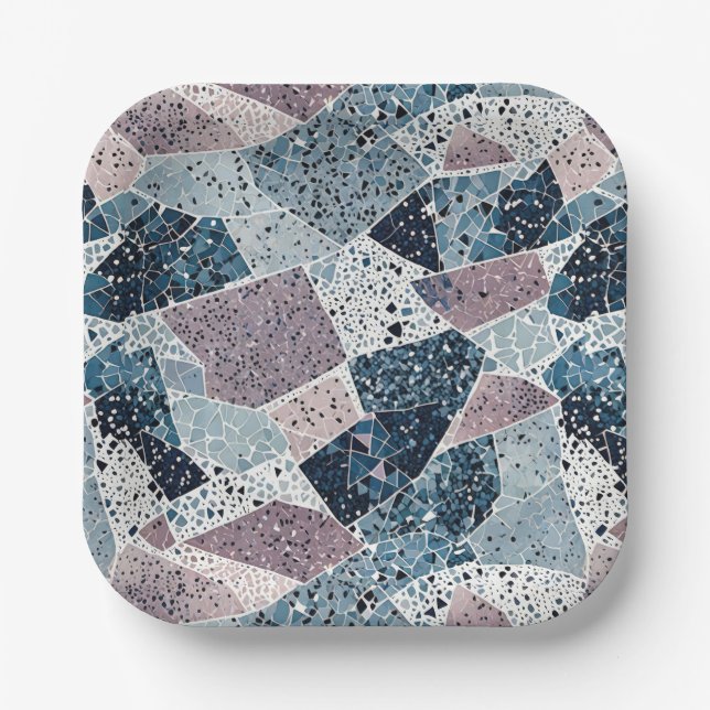 Blue and Mauve Terrazzo Abstract Design Paper Plate (Front)