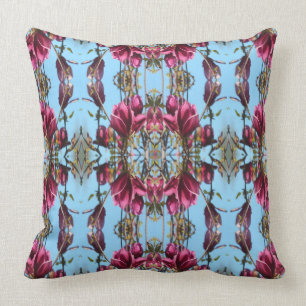 Blue and Mauve Tulip Magnolia Pattern Throw Pillow