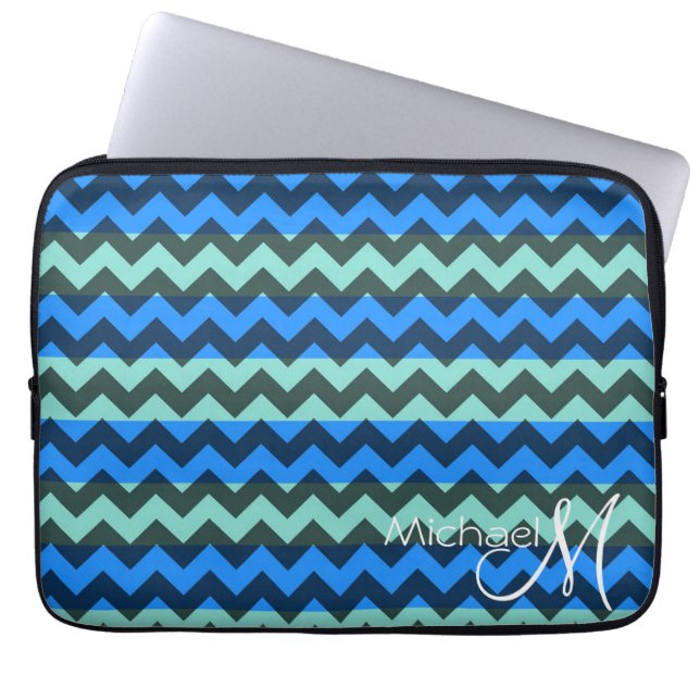 Blue and Mint Chevron Zigzag Custom Monogram Laptop Sleeve (Front)