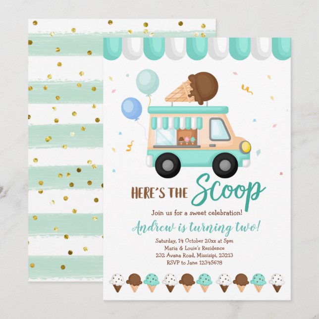 Blue and Mint Ice cream truck birthday party Invitation (Front/Back)