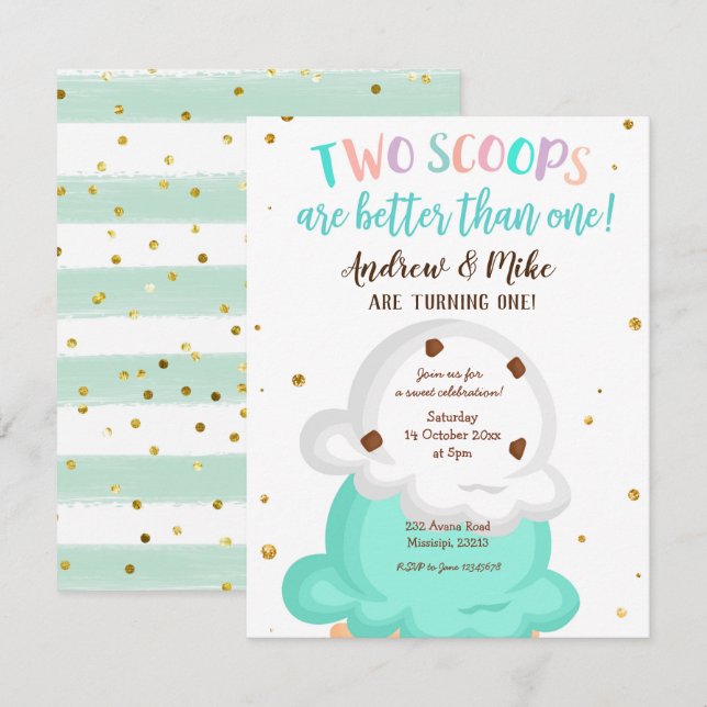 Blue and Mint Twin Ice cream Invitation (Front/Back)