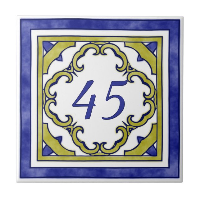 Blue and Mustard Green Big House Number Tile (Front)