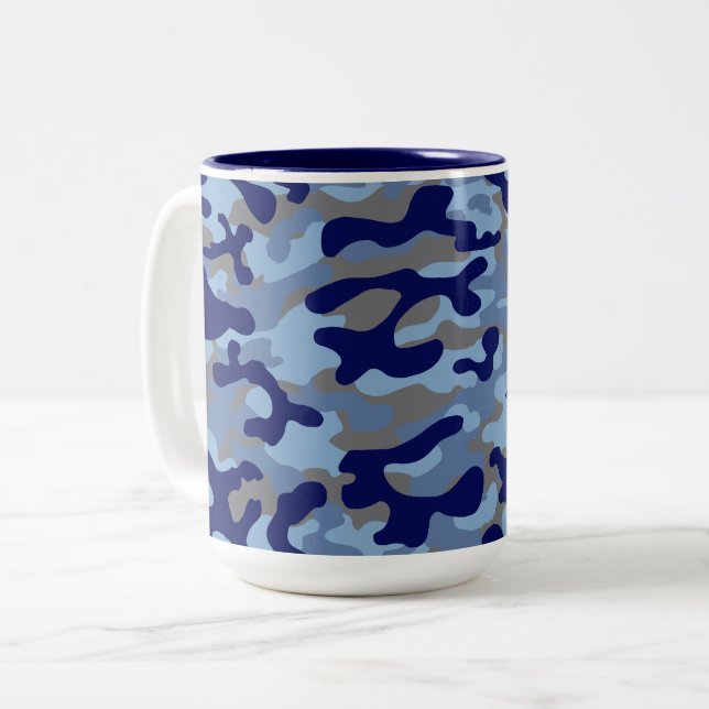 Blue And Navy Camouflage Pattern  Two-Tone Coffee Mug (Front Left)