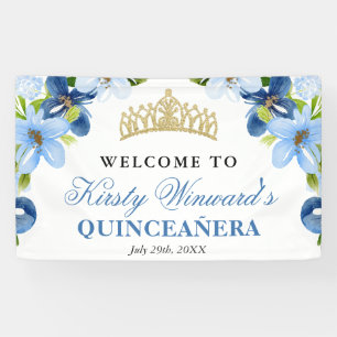 Blue and Navy Flowers Welcome Quinceanera Banner