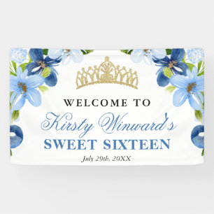 Blue and Navy Flowers Welcome Sweet Sixteen Banner