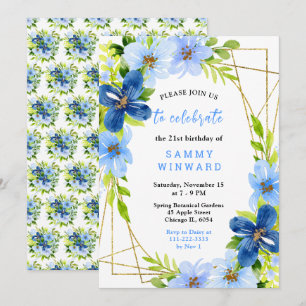 Blue and Navy Flowers with Foliage Birthday Invitation