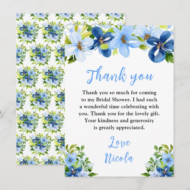 Blue and Navy Flowers with Foliage Bridal Shower Thank You Card (Front/Back)