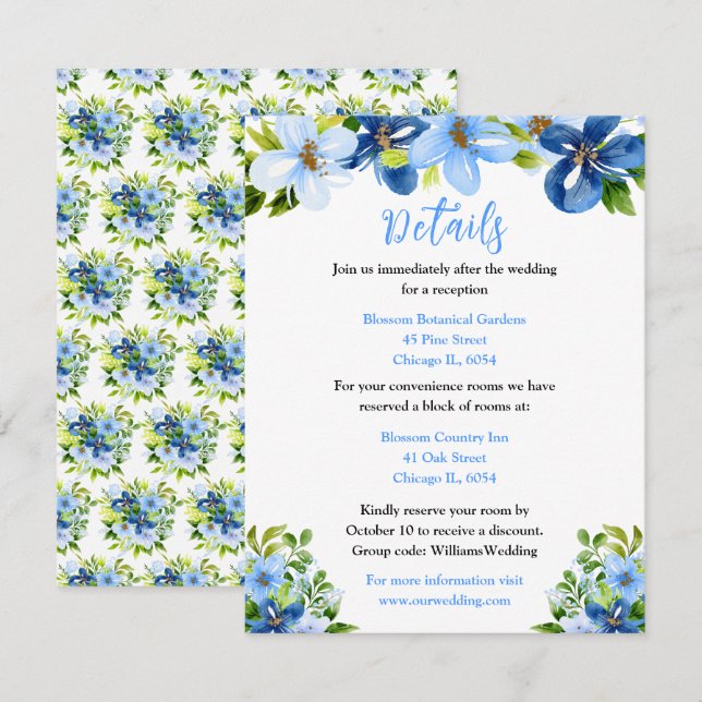 Blue and Navy Flowers with Foliage  Enclosure Card (Front/Back)